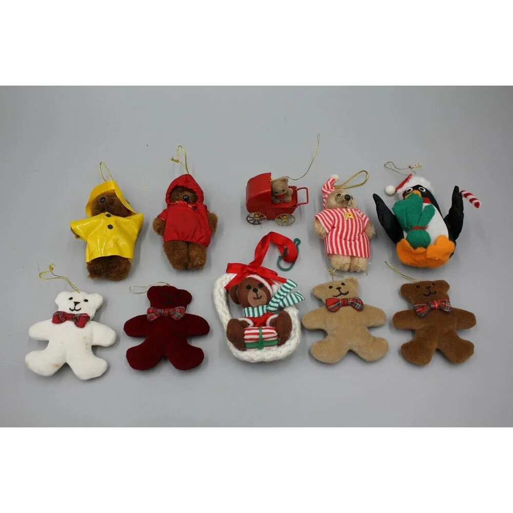 Vintage Teddy Bear MCM Christmas Decor Lot Of 10 Raincoat Penguin Pajamas Bows